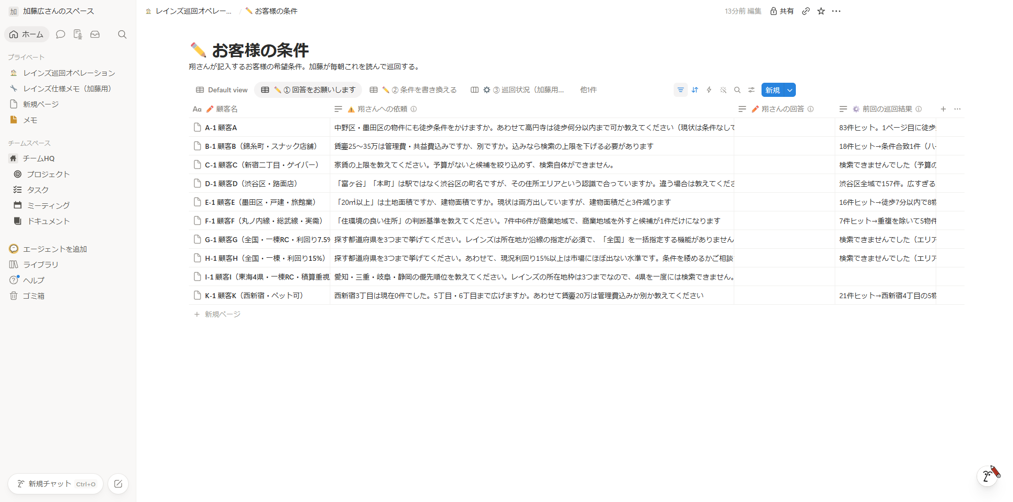質問と回答欄が並んだ一覧画面