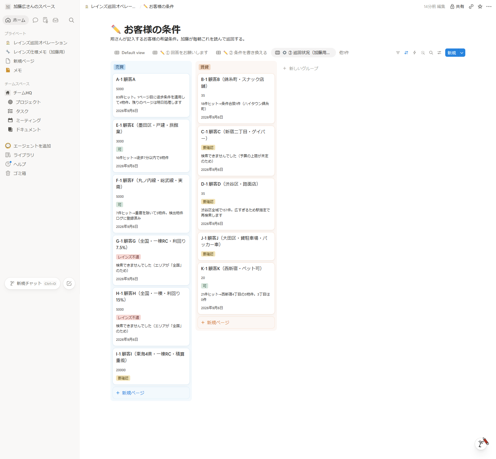 お客様ごとの巡回状況を示すカード画面